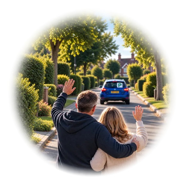 Parents waving from the pavement as their newly qualified driver pulls away in her first car
