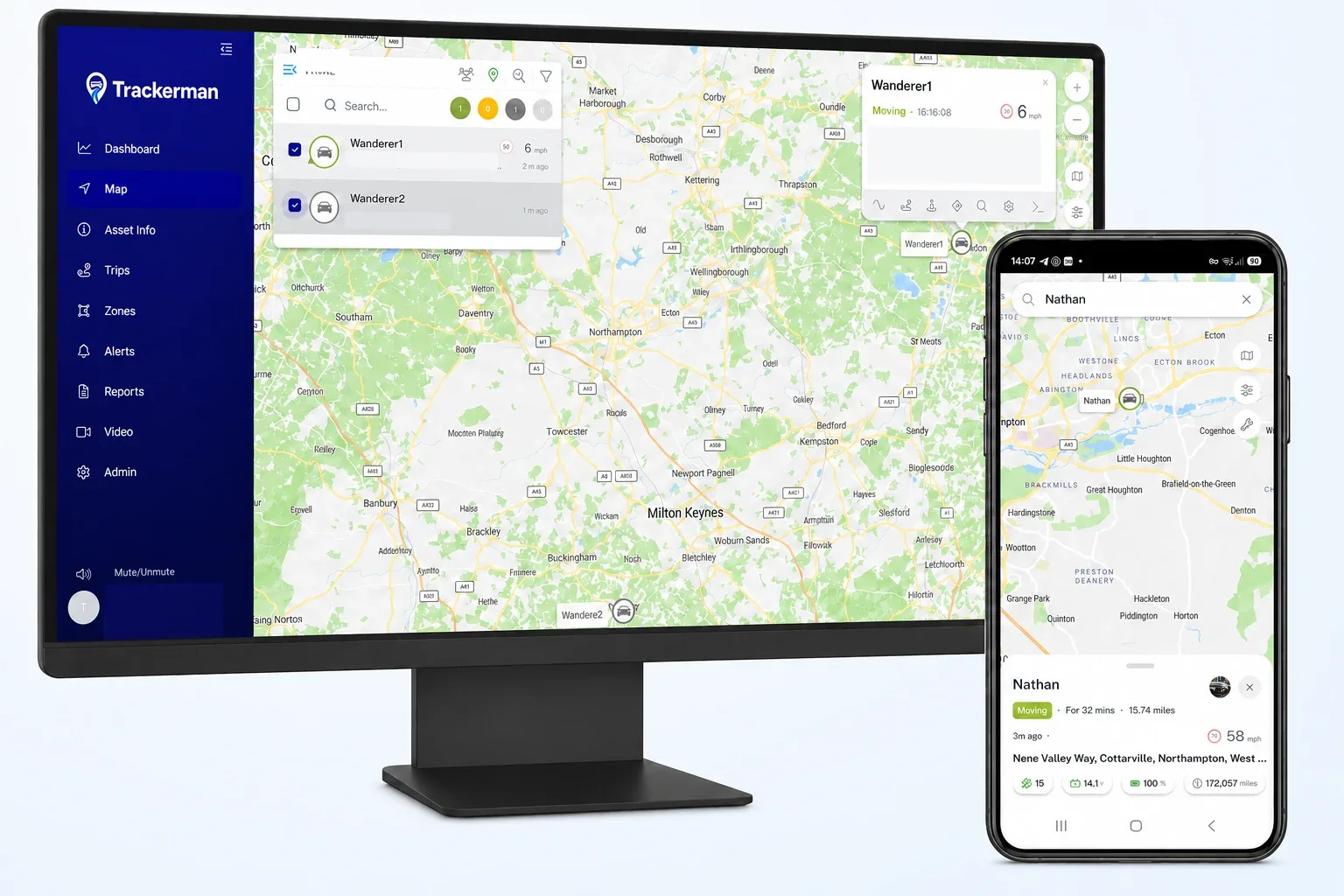 Trackerman live vehicle tracking shown on desktop and mobile screens