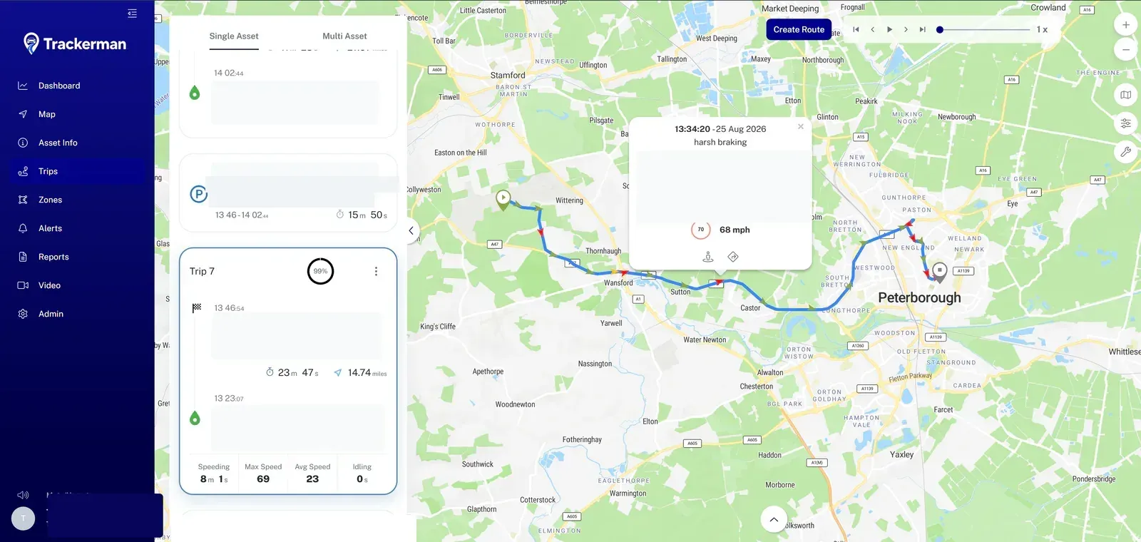 Trackerman journey history with route and trip details