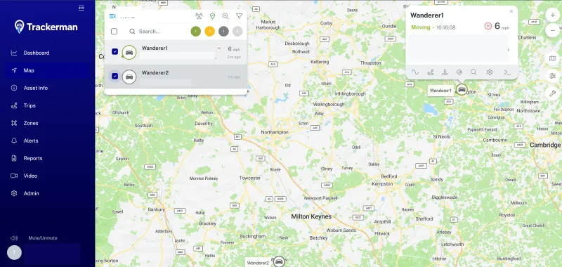 The Trackerman portal map showing a tracked vehicle and its current speed
