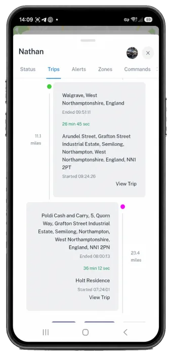 Trackerman mobile tracking screen showing recent journeys and trip details