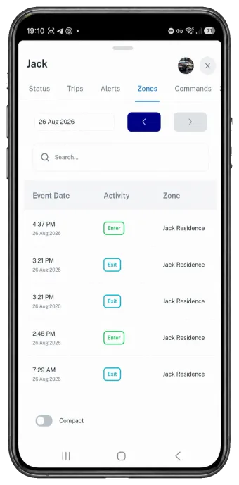 Trackerman mobile app showing vehicle entry and exit activity for a selected zone