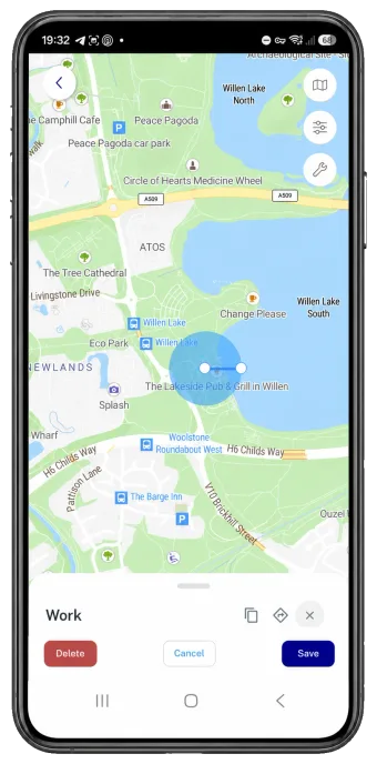 Trackerman mobile app showing a circular location zone on a map